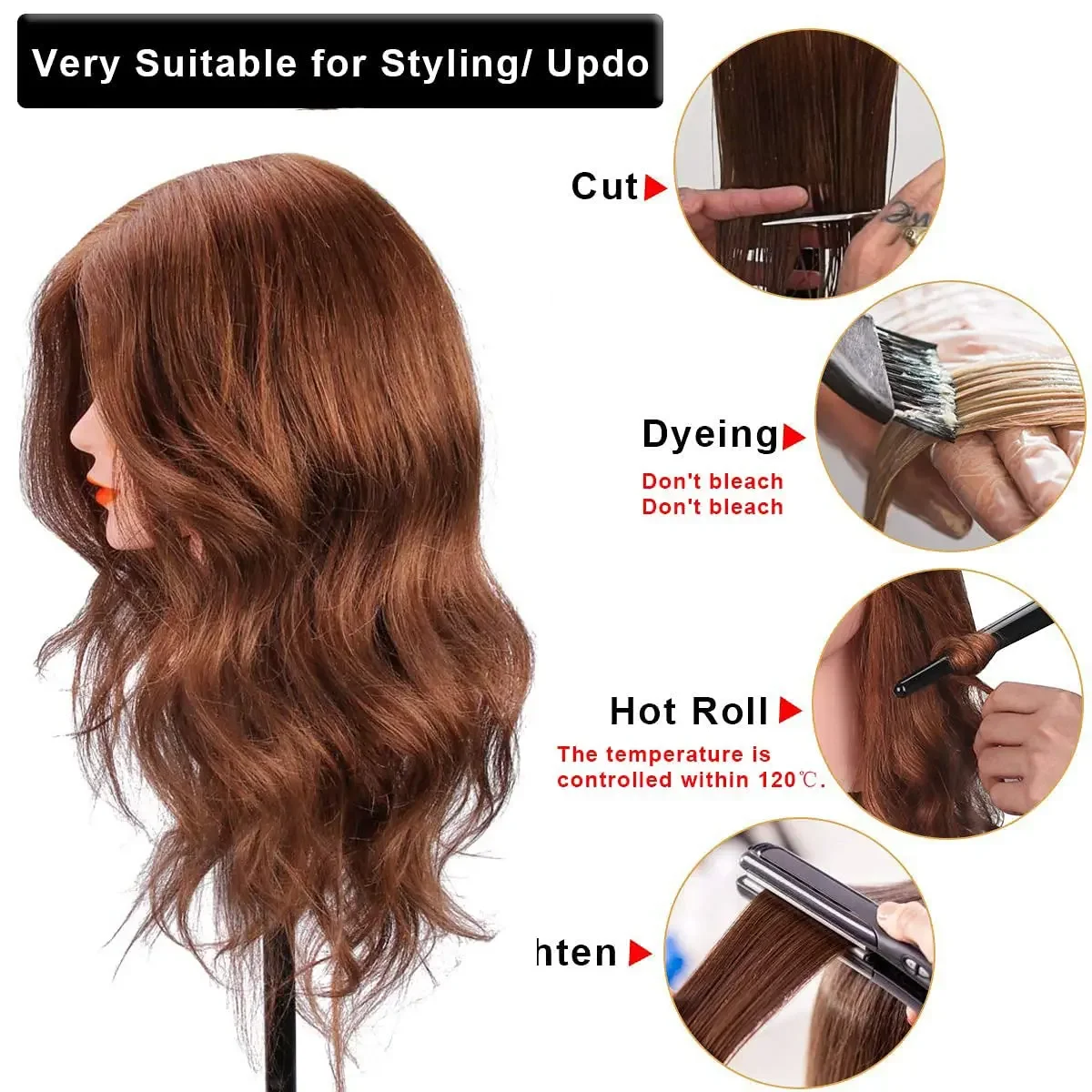 Professional 100% Real Hair Mannequin Head with Adjustable Tripod Stand for Salon Cosmetology Styling Training Practice