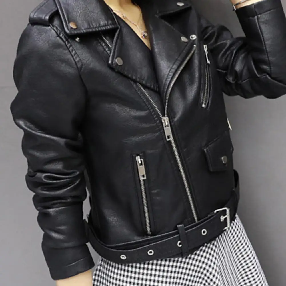 المرأة فو سترة جلدية بدوره إلى أسفل طوق زمم سستة برشام ديكور دراجة نارية معطف طويل الأكمام الإناث ملابس خارجية ملابس للسيدات