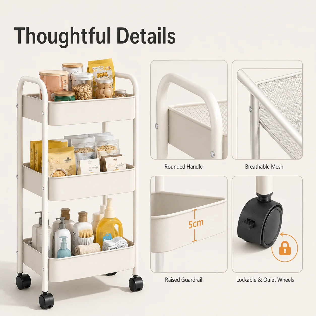 Carrello portaoggetti sottile a 3 ripiani, carrello multiuso in metallo alto 66 cm per cucina, bagno e lavanderia - immagine 5