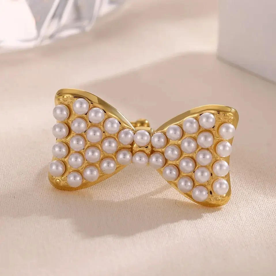 Elegant Bowknot Pearl Rings for Women Gold Color Stainless Steel