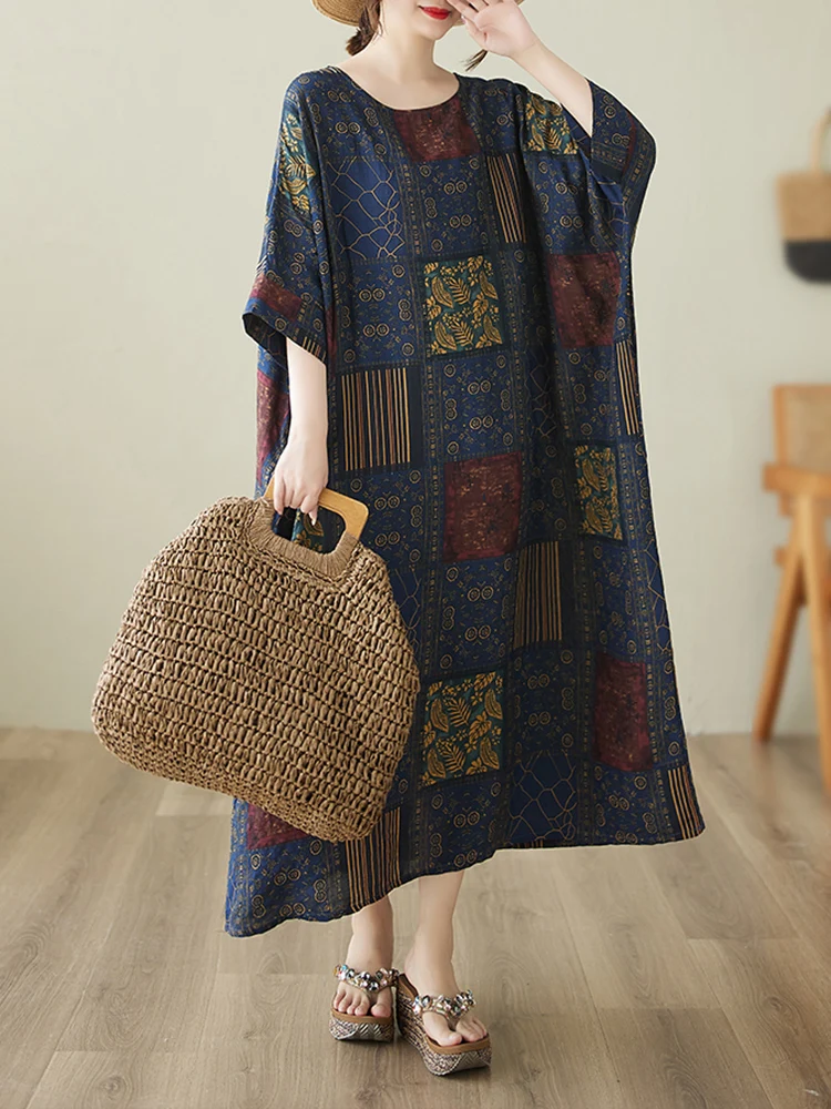 2025 Summer Cotton Vintage Casual Loose Print Dresses For Women Short Sleeve Dress Femme Vestidos Elegant Long Clothing