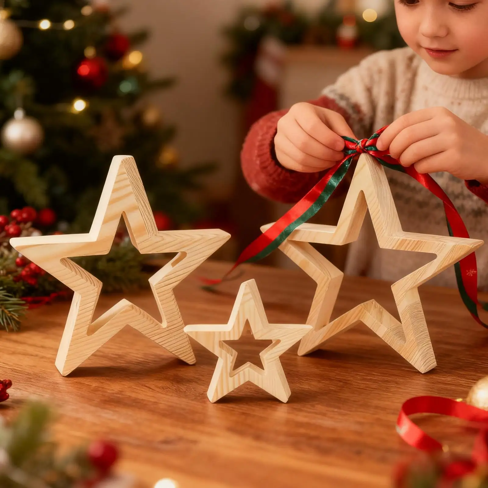 Christmas Star Table Centerpiece 3 Pieces Holiday Festive Decoration Christmas Tabletop Decor Centerpiece Wooden Star For Desk