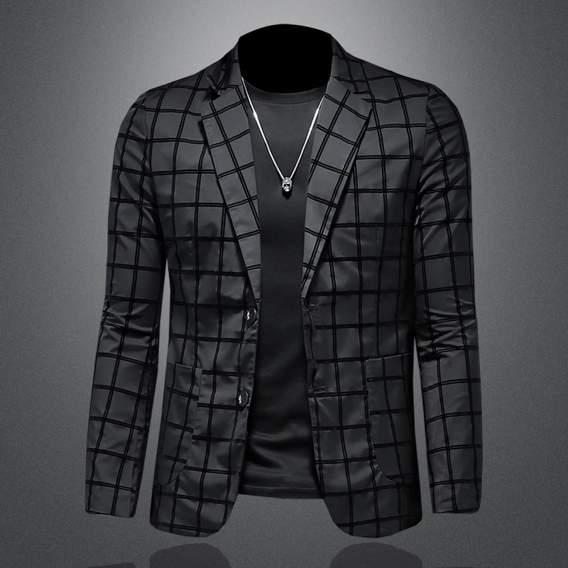 Minglu Flocking Plaid Printed Men's Blazer High Quality Solid Color Single Breasted Business Casual Male Jackets Man Coats 5XL