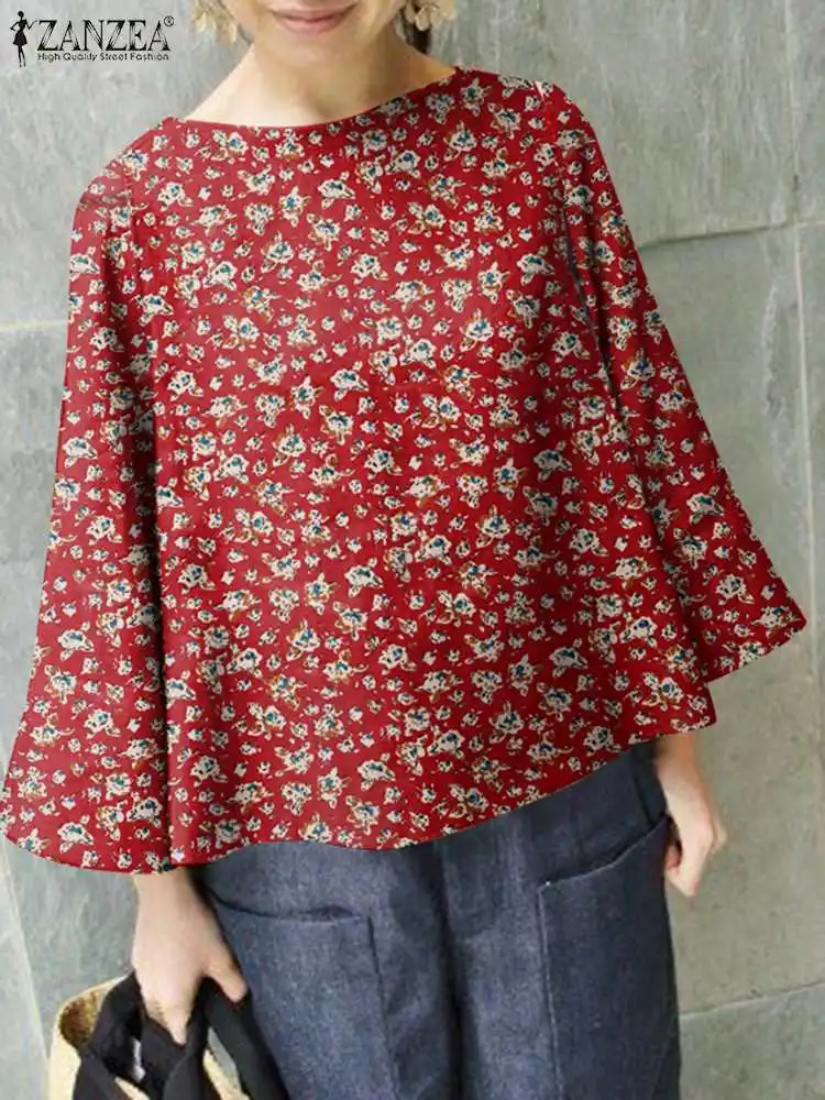 

ZANZEA Elegant Women Floral Blouse Bohemian Vintage Printed Tops Summer Long Flare Sleeve O Neck Shirt Causal Work Blusas Femme