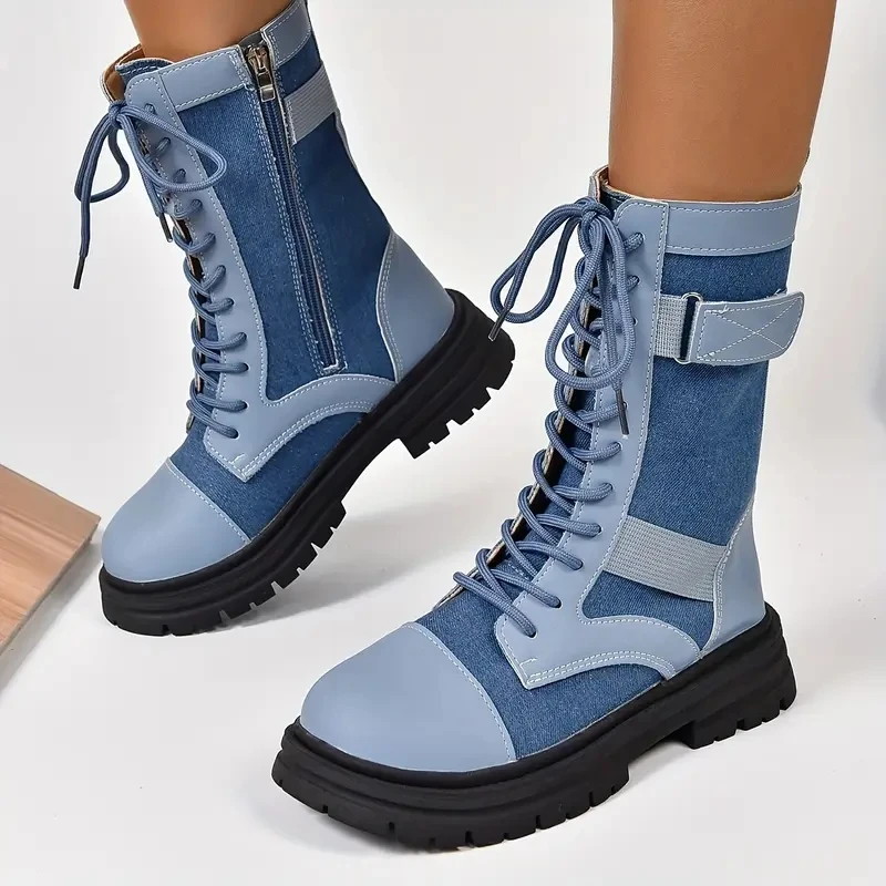 Aphixta Retro Lace Up Women Boots Side Zip Modern Boots Women Boots Blue 4CM Square Heel Lady Footwear Shoes botas mujer botines