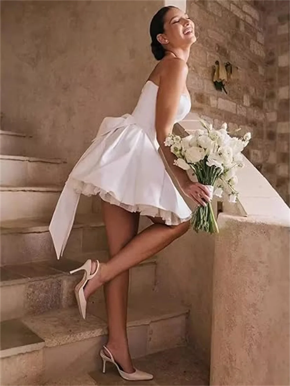 Customized Pleated Satin Short Wedding Dresses Sleeveless Strapless Mini Bridal Gowns With Detachable Bow A Line Cocktail Gowns 3