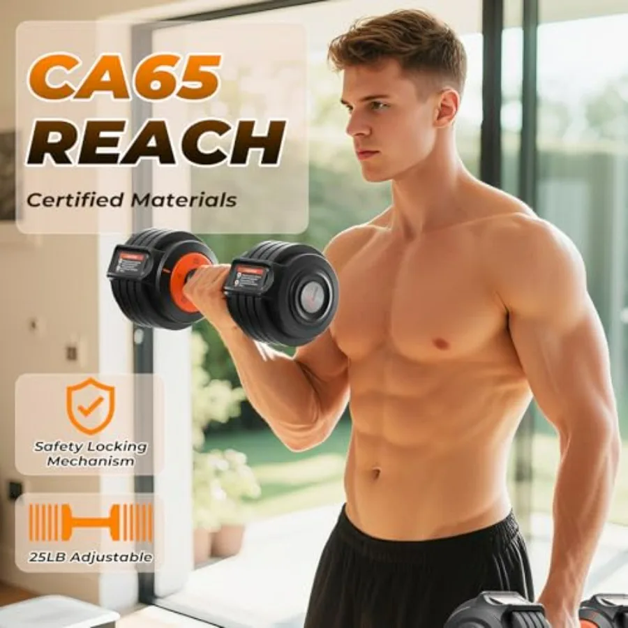 Adjustable Dumbbells Set of 2； 5 in 1 Free Weights Dumbbells Set, Each 25 lbs Fast Adjust Weights with Anti-Slip Texture Handle