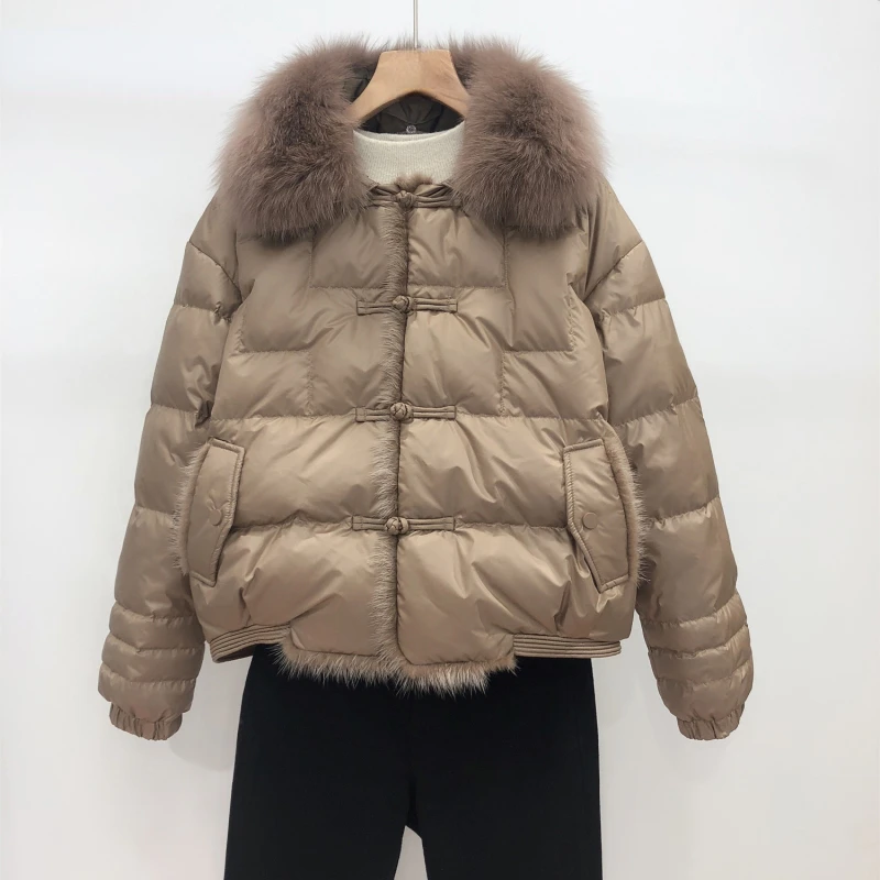 

Real Fox Fur Collar Winter Women 90%White Duck Down Jacket Ladies Short Warm Puffer Coat Female Loose Vintage Parka Jackets