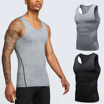 New Summer Men Sports T Shirt Sleevless Casual Solid Color Vest Fitness Running Compression Shirt 1