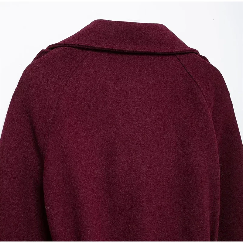 Fashion Burgundy Red Double Breasted Overcoat Women Lace Up Loose Lapel Pockets Long Sleeve Coat New High Street Outerwear