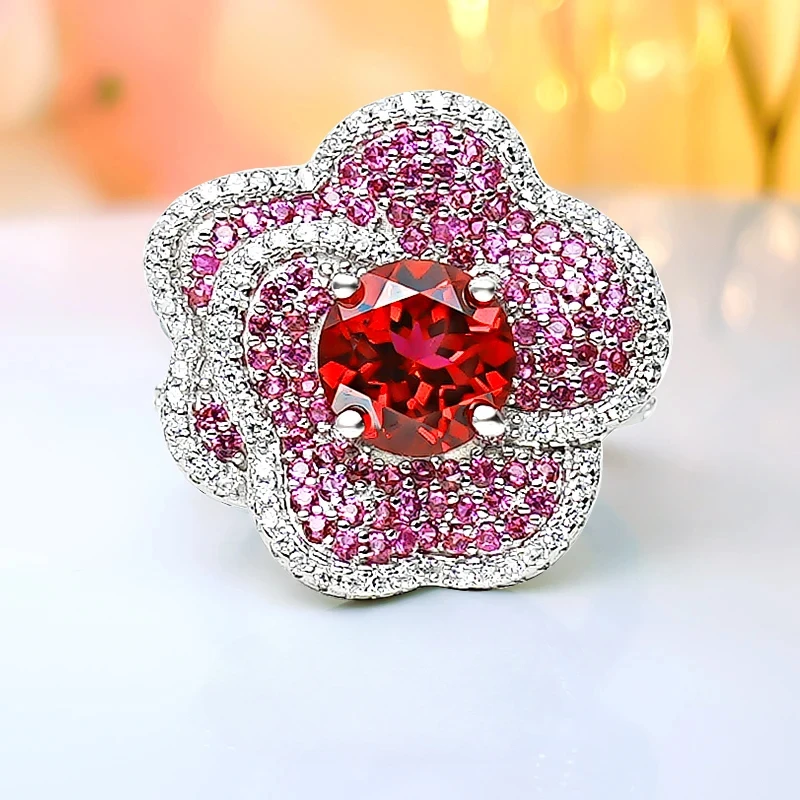 

Женское роскошное кольцо с цветком из серебра 925 пробы с искусственным красным сокровищам, оптом