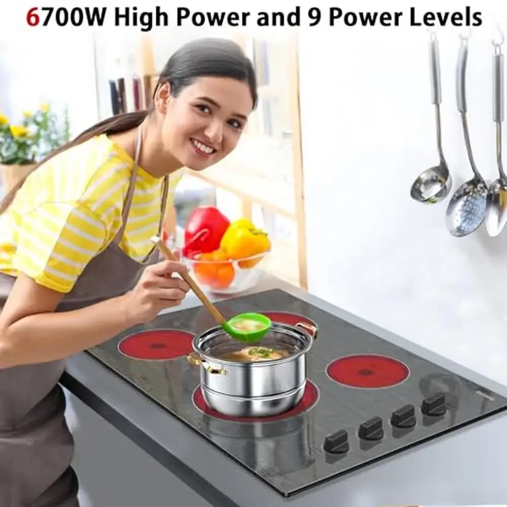 Electric Cooktop 30 Inch Knob Control Stove Glass Ceramic 4 Burners Beautiful Wooden Pattern 220V 1200W/1800W/1250/2500W(Dual