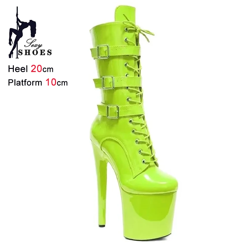 Fluorescent Green Fashionable Women ANKLE Boots Round Toe Side ZIP Short Boots Pole Dance Shoes Platform Heels Three Belt Buck