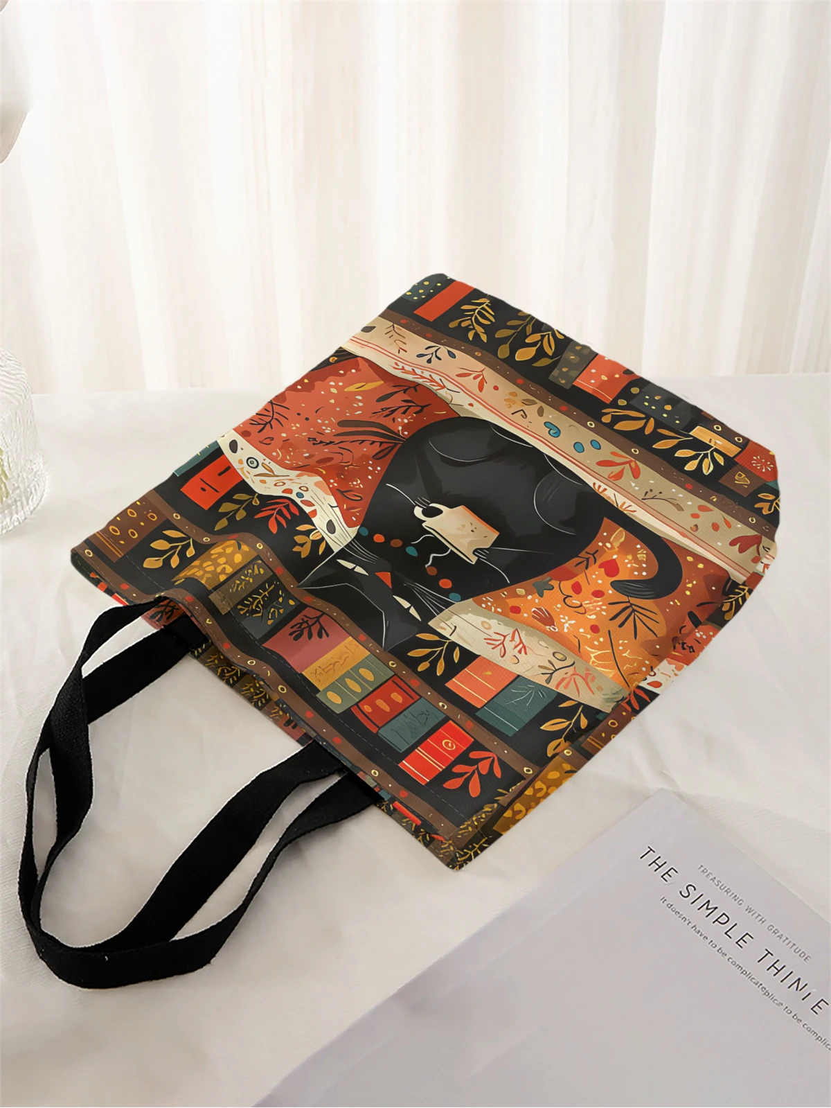 1pc,coffee cat handbag, reusable fashionable handbag, multifunctional handbag, printed canvas shopping bag