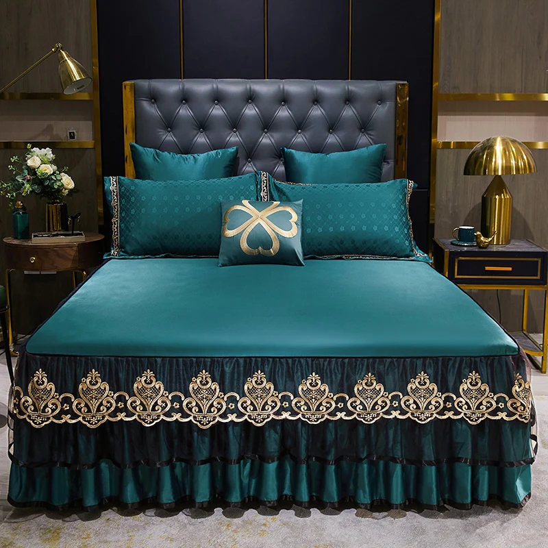 Luxury Jacquard Satin Bed Skirt Soft Sheets Bedding For Home Hotel Lace