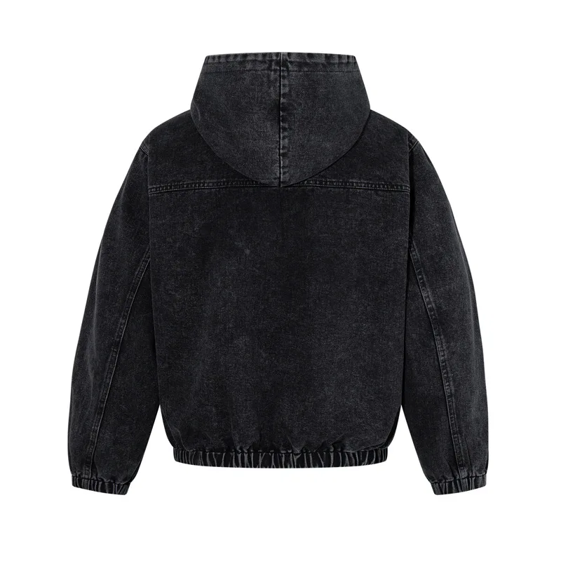 American Retro Half Open Airplane Buckle Hooded Sweatshirt for Men Y2k Korean Fashion High Street Loose Denim Hoodie Pullover