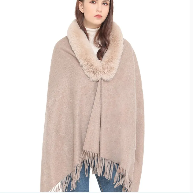 Autumn Imitation Fur Collar Scarf Cape Winter Warm Women Scarf Shawl Dual Purpose  Ponchos Lady Capes Cloak Beige Cardigan