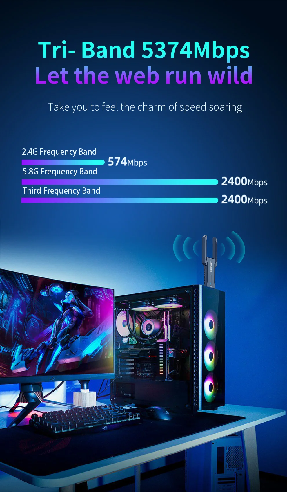 Comfast AX5400 와이파이 6E USB 어댑터 동글, 2.4G, 5G, 6GHz, USB3.0, 와이파이 6 Placa 안테나 파라 PC 네트워크 카드, 노트북용, Win10, 11