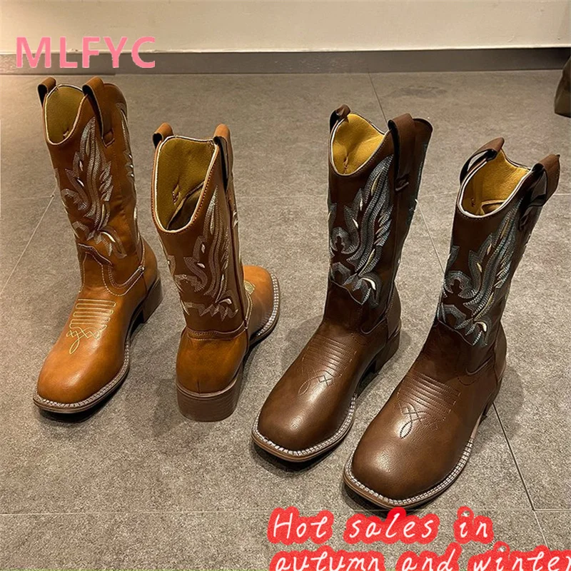 

American Western Cowboy Boots Embroidered Square Head V-Neck Autumn/Winter High Sleeve Boots Knight Boots Women's Boots