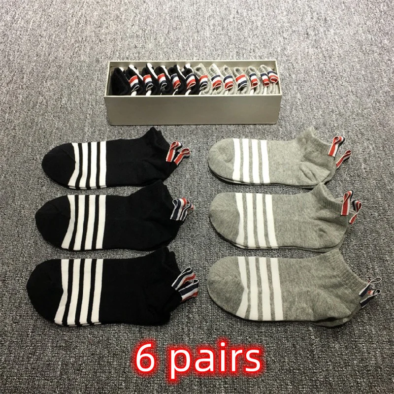 

Men's TB THOM Luxury Brand White 4-bar Stripes Ankle Socks Women's Street Sports High Quality Boat Stockings Ins 6 Pairs