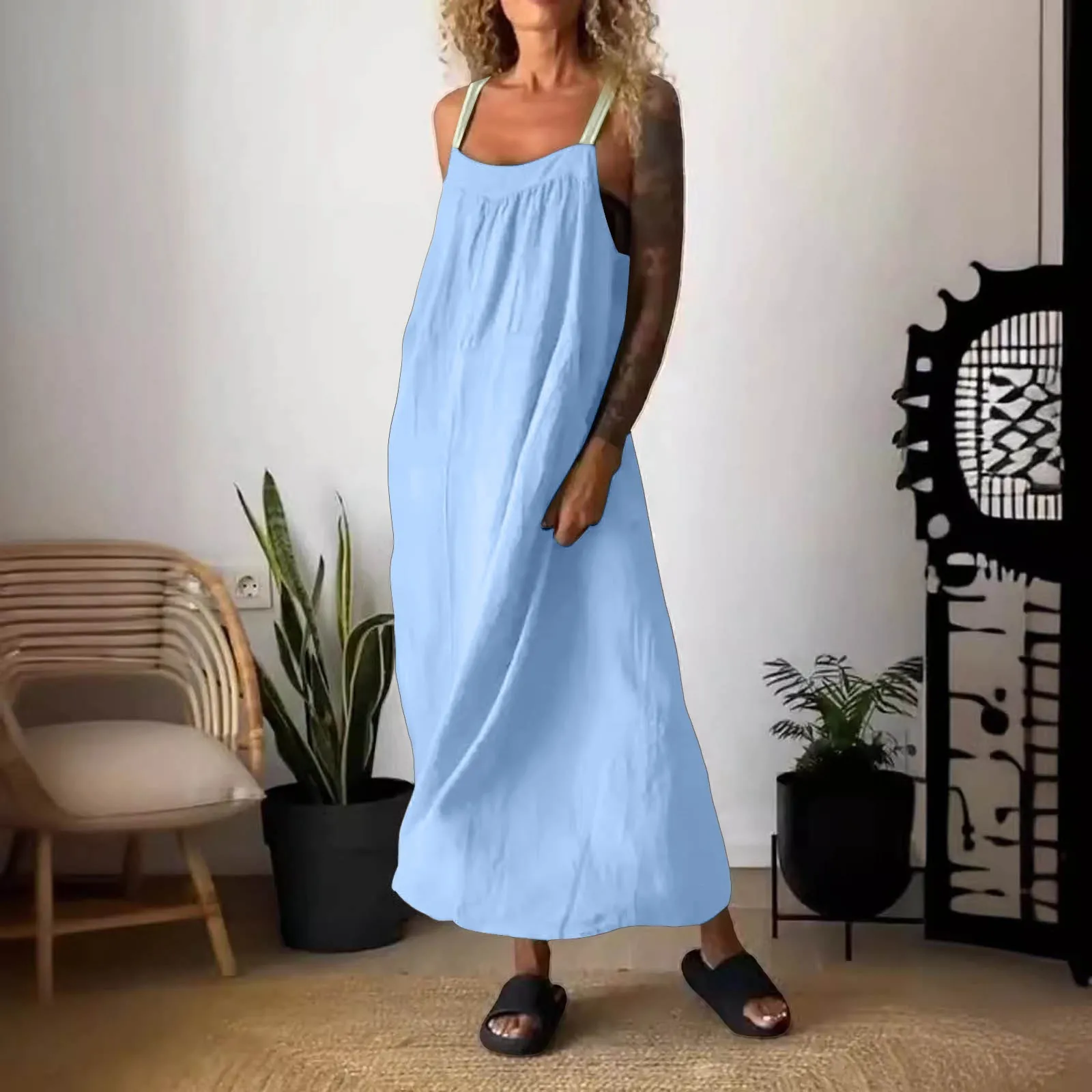 

2024 Women Summer Solid Sling Maxi Dress Sleeveless Backless Female Loose Casual Beach Long Dresses For Women Sexy Outfits
