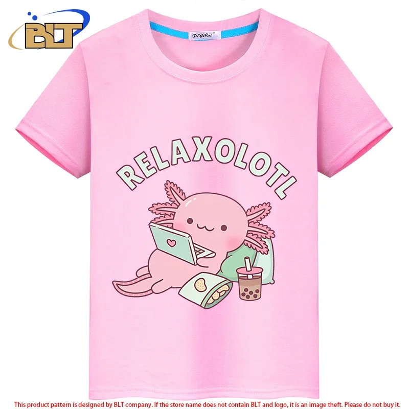 

Cute Relax A Lot Axolotl Funny Pun Kids T-Shirt summer children's short-sleeved casual tops for boys and girls