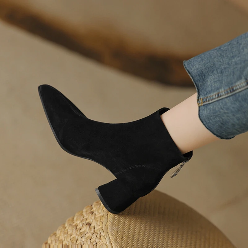 

NEW Autumn Women Boots Pointed Toe Chunky Heel Cow Suede Leather Shoes for Women Chunky Heel Short Boots Concise Female Boots