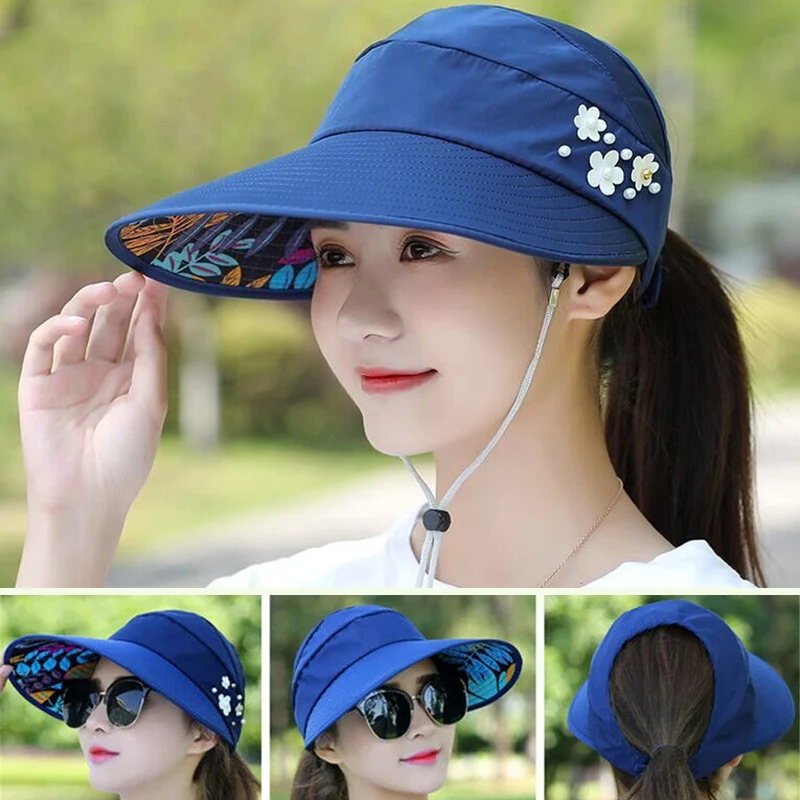 

Pearl Flower Sun Hats with Windproof Rope Women Wide Brim Floral Beach Hat Foldable Floppy Cap Sunscreen Uv Protection Visor Cap