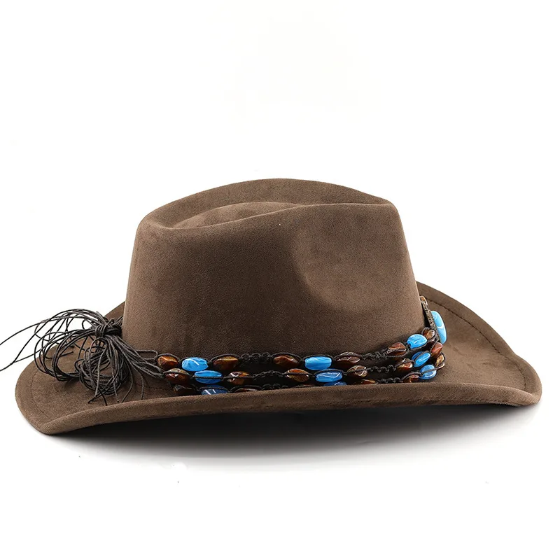 Wildleder-Herren- und Damen-Woll-Denim-Jazz-Filz-Kristall-verzierte Hüte mit gerolltem Rand, Sonnenschutzhüte im tibetischen Stil – Detail 11