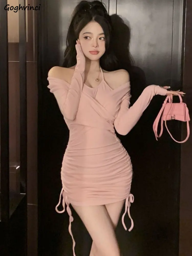 

Sheath Dress Women Slash Neck Mini Hotsweet Long Sleeve Shirring Trendy Spring Solid Simple Sleeveless Ulzzang Casual High Waist