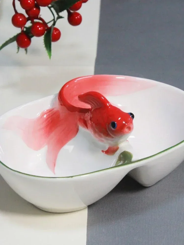 Koi Ceramic Dividing Bowl Underglaze Colored Goldfish Double Grid Plate Snack Dried Fruit Platter Household Side Dishes Bowl