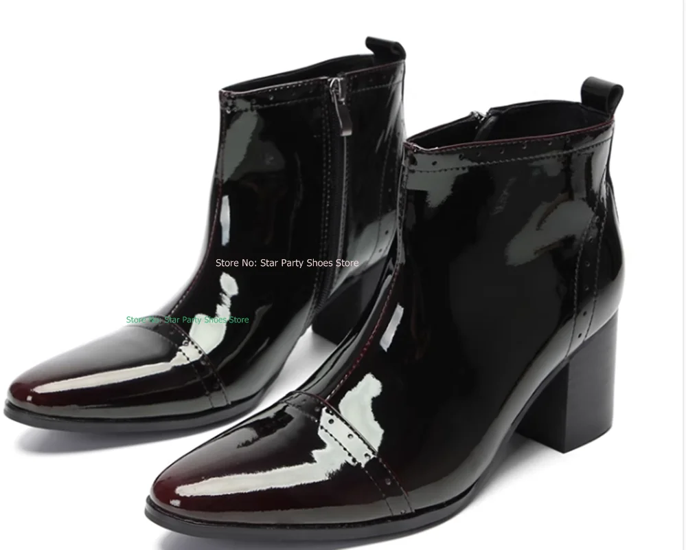 

High Quality Men Square High Heel Side Zipper Ankle Boots Spring Autumn Pointed Toe Black Working Party Boots