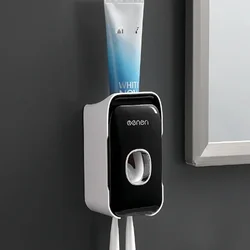 Premium Automatic Toothpaste Dispenser with Toothbrush Holder - Wall-Mounted Bathroom Accessory Set (Black1)