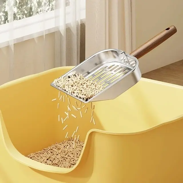 Stainless Steel Cat Litter Scoop Wooden Handle Long Handled Litter Box Shovel Deep Shovel Hollow Design 3