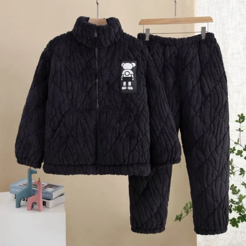 

Pajamas Men's Winter Three-Layer Quilted Thicken Loungewear Fleece-lined Warm Fashion Young Boys Coral Super Thick Homewear Suit