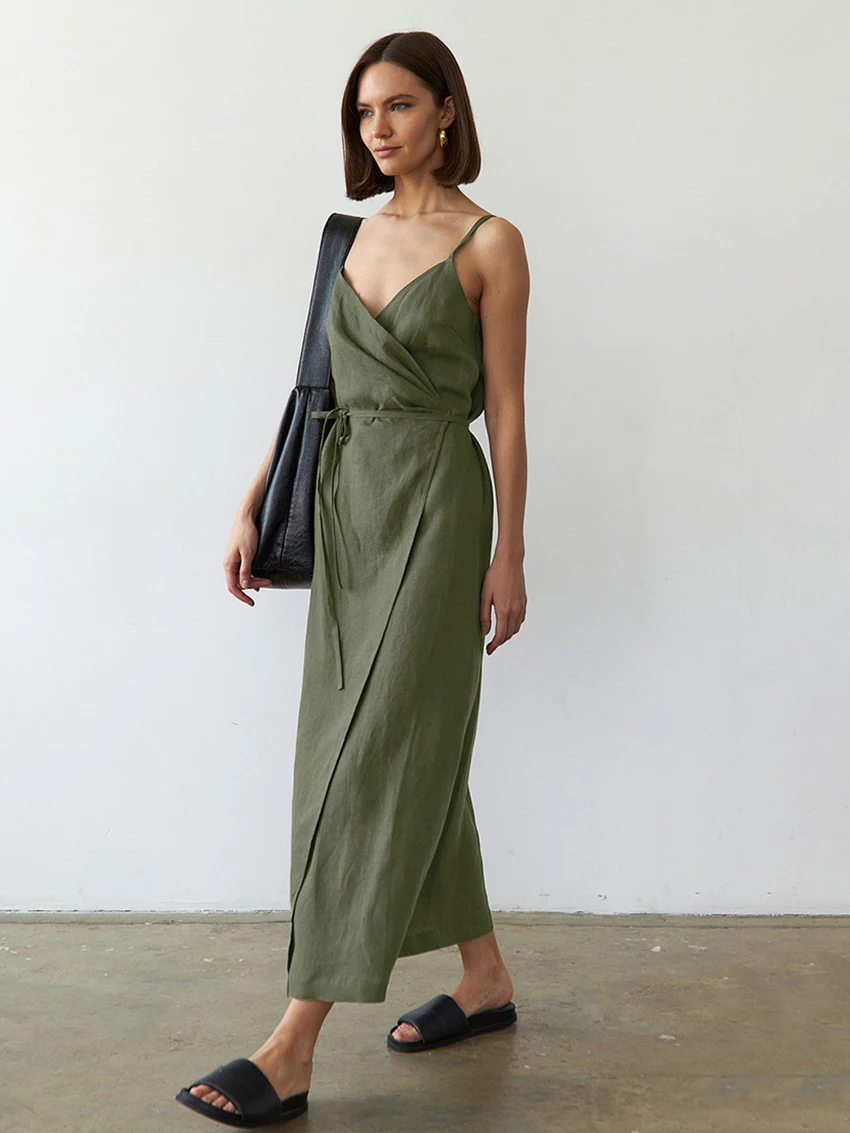 Marthaqiqi Casual Ladies Nightgowns Sexy Spaghetti Strap Nightwear Lace Up Sleepwear Ankle-Length Dress Summer Home Clothes Wome