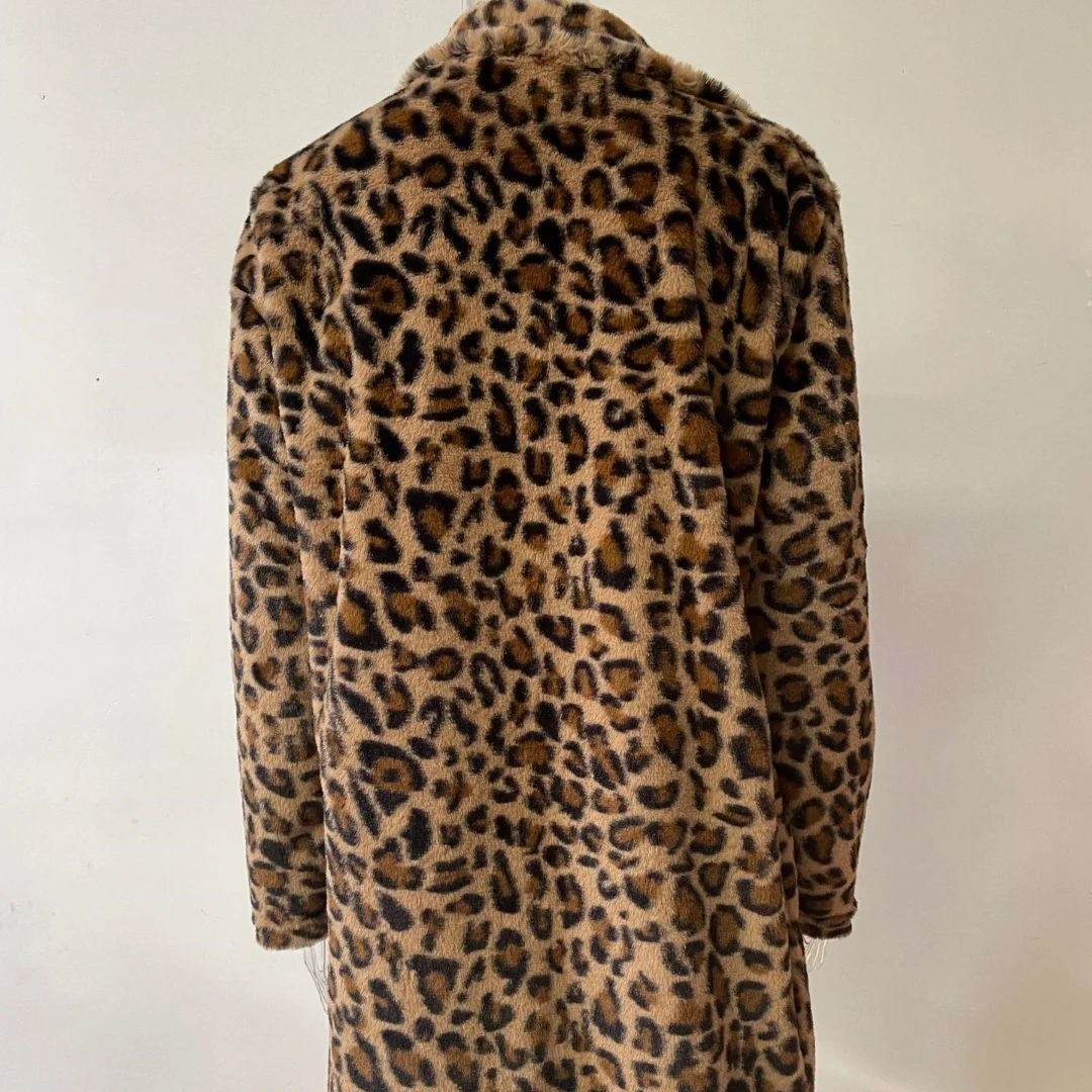 Women Autumn Winter Leopard Print Faux Fur Coat Long Sleeve Turn-down Collar New Fashion Outerwear Pocket Loose Thicken Overcoat 5
