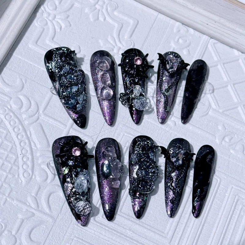 10개입 수제 블랙 퍼플 다크 스파이스 걸 수제 프레스온 네일 롱 팁 글리터 눈부신 네일 아트 드래곤 가짜 손톱 Y2K