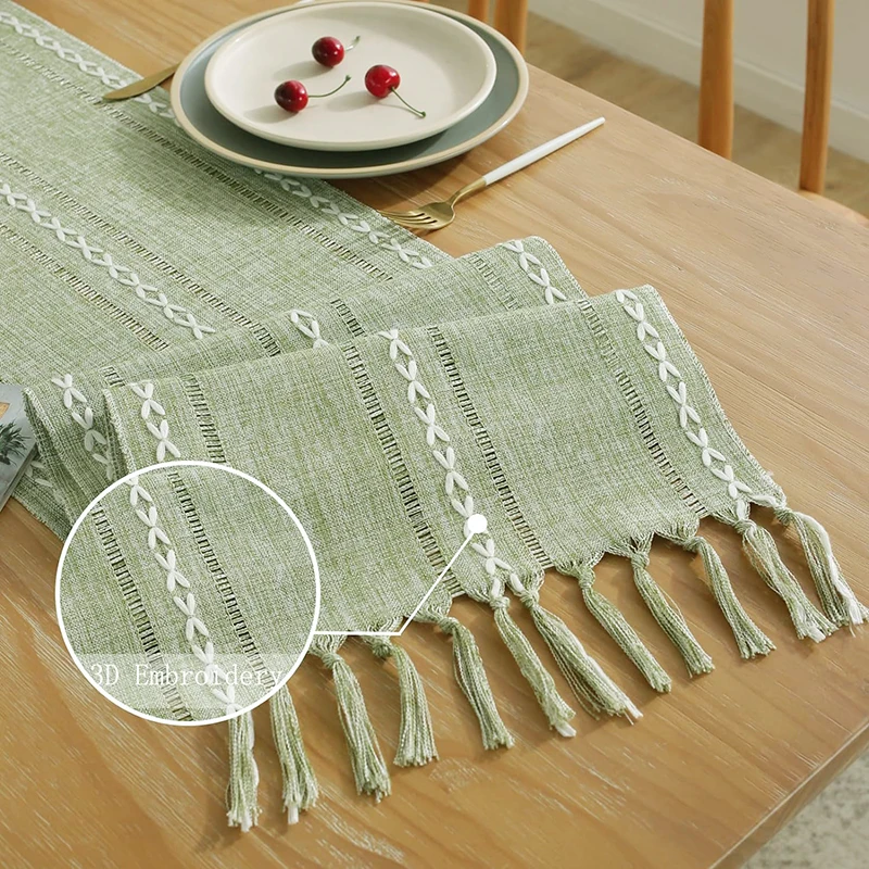Green Table Runners Boho Rustic Tassels Farmhouse Braided Striped Cotton Linen for Dining Party Holiday Wedding Table Decoration 6