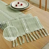 Green Table Runners Boho Rustic Tassels Farmhouse Braided Striped Cotton Linen for Dining Party Holiday Wedding Table Decoration 6
