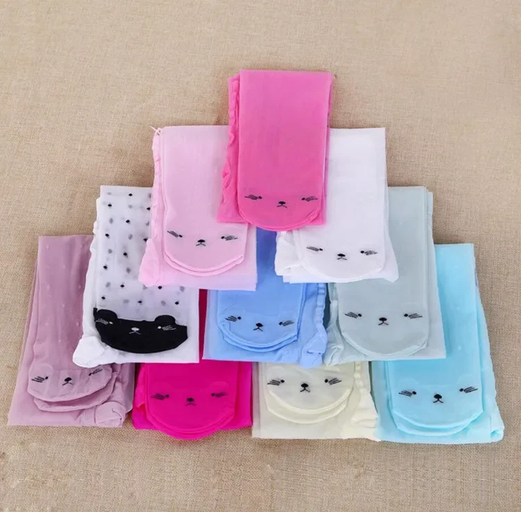 Spring Summer Tights For Girls Cartoon Thin Silk Pantyhose Kids Candy Color Dot Dance Stocking Child Girls Tights With Cats