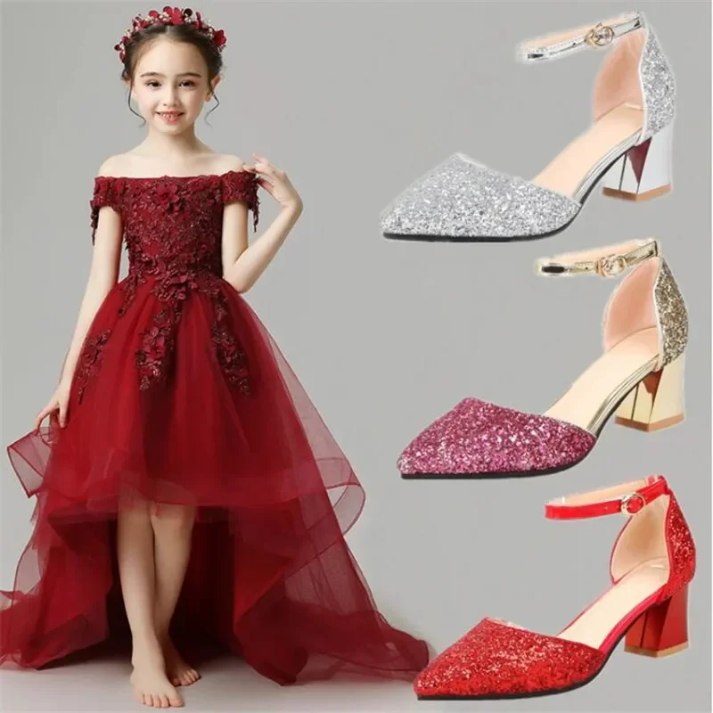 

Princess Girls High Heel Shoe Children Performance Shoes Pointed Toe Kid Sandal