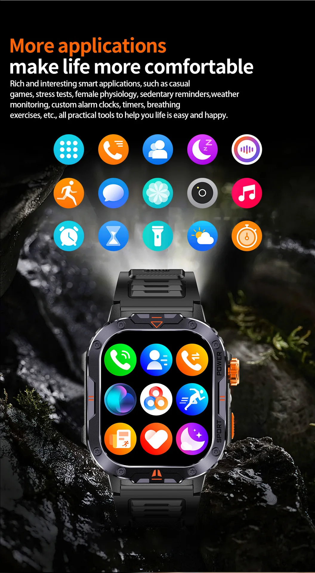 Montre connectée NX20 avec grand écran 2 pouces, lecture de musique locale, lampe torche, Bluetooth, appels IA et commande vocale, idéale pour les hommes et les activités de plein air._voghion.com