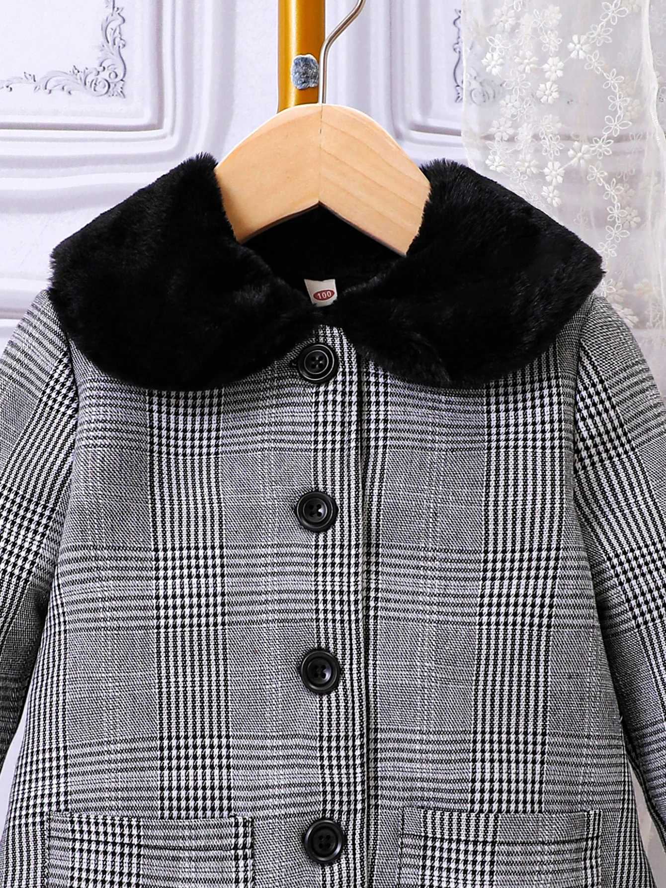 Girls Winter Coat Young Children Winter Plaid Fur Collar Thickened Plush Coat For Girls