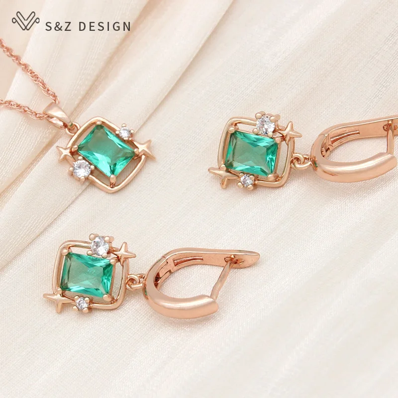 S&Z DESIGN New Fashion Rectangle Crystal Jewelry Sets 585 Rose Gold Color Drop Earrings For Women Trendy Pendant Necklace Gift