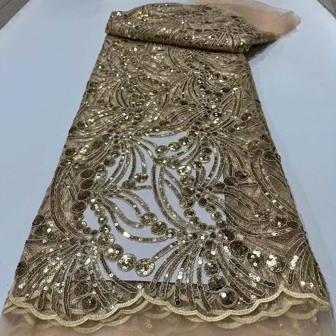 

5 ярдов, Тюлевая сетка, Африканское кружево, ткань 2024, Высококачественная золотистая ткань для свадебного вечернего платья, Sew PR24113
