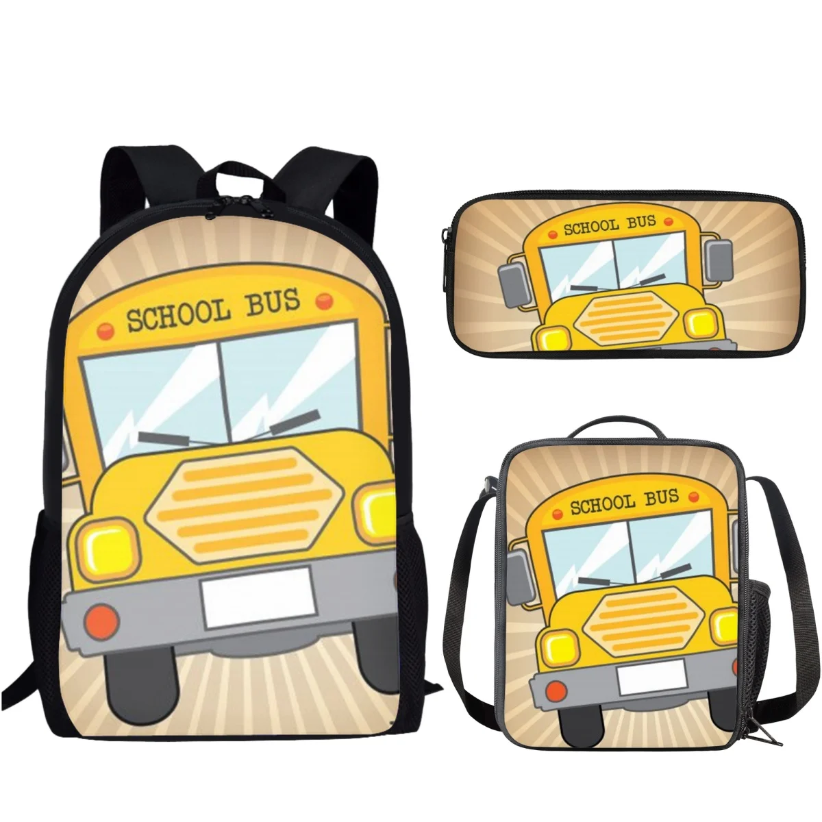 Women Large Capacity Backpacks 3Pcs School Bus Pattern Large Capacity School Bag and Meal Bag Pen Box Set Student School Bags