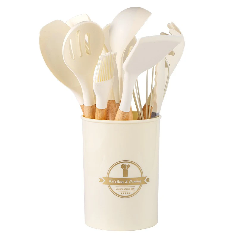 12 Adet Silikon Mutfak Eşyaları Seti Yapışmaz Silikon Pişirme Gereçler Seti Ahşap Saplı Isıya Dayanıklı Tencere JT558