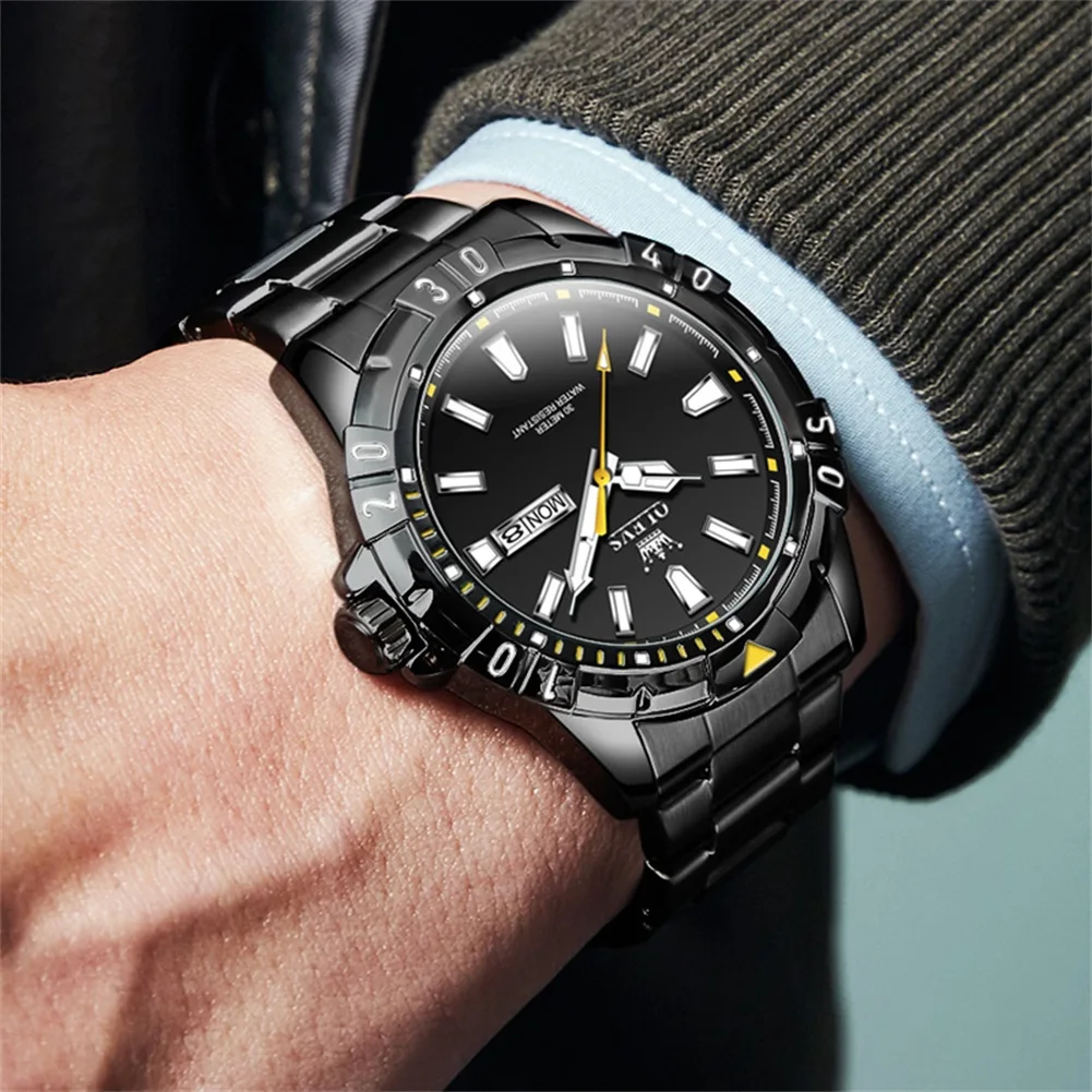 OLEVS Original Watch for Men Luxury Waterproof Green Dial Luminous Stainless Steel Classic Quartz Analog WristWatches Date Week