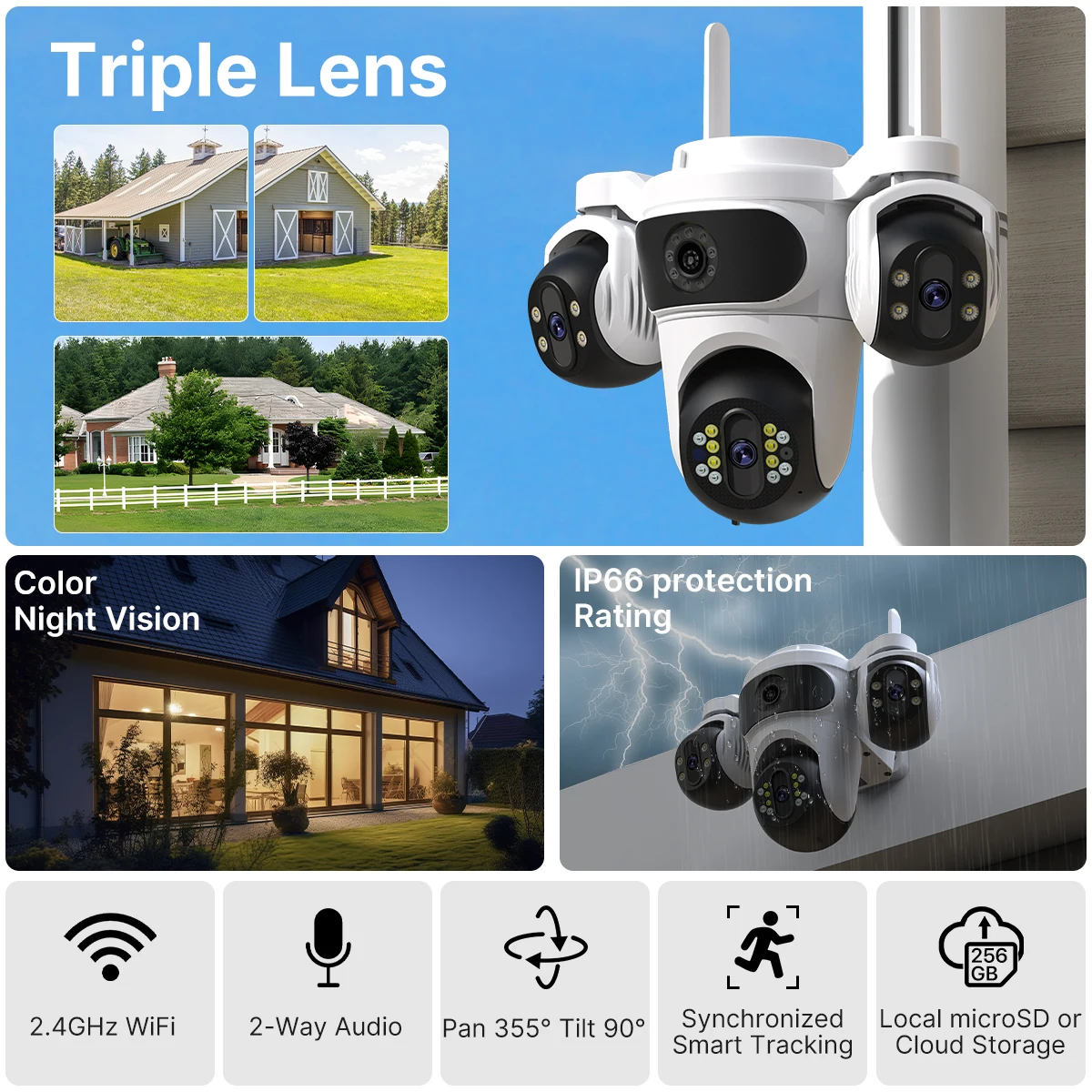 WONSDAR WIFI Camera Three Screens PTZ Camera Human Detection Security CCTV Surveillance HD External Three Lens Camera iCsee APP 2